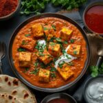 Creamy and spicy Paneer Tikka Masala served with naan and rice