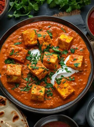 Creamy and spicy Paneer Tikka Masala served with naan and rice