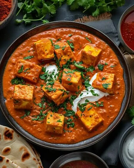 Creamy and spicy Paneer Tikka Masala served with naan and rice